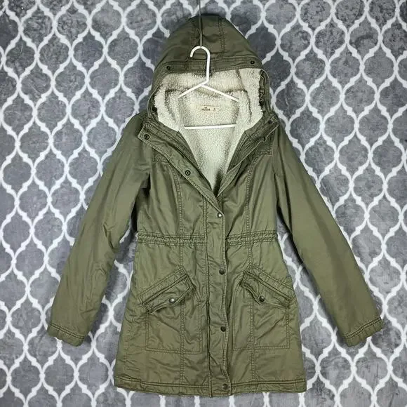 Hollister Olive Green Sherpa Lined Coat Women Medium Hooded Parka Jacket Y2K - Picture 1 of 9